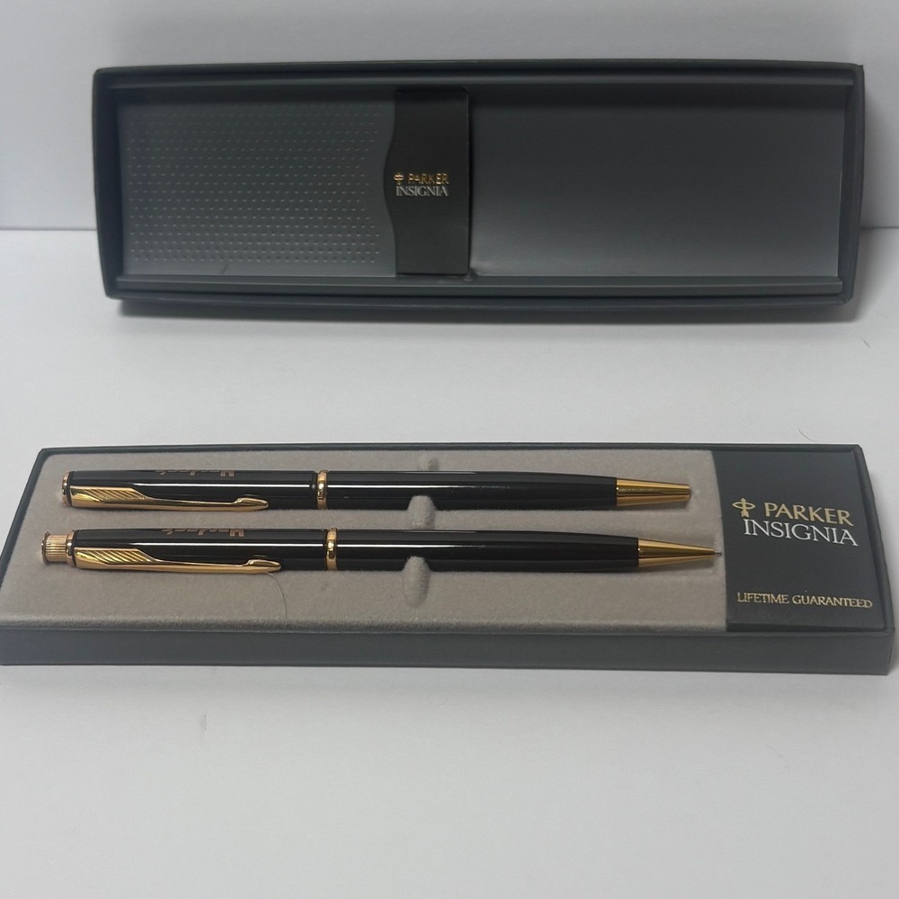 Parker Insignia Black Gold Trim Pen and Pencil Set Hardees Logo Vintage USA Made